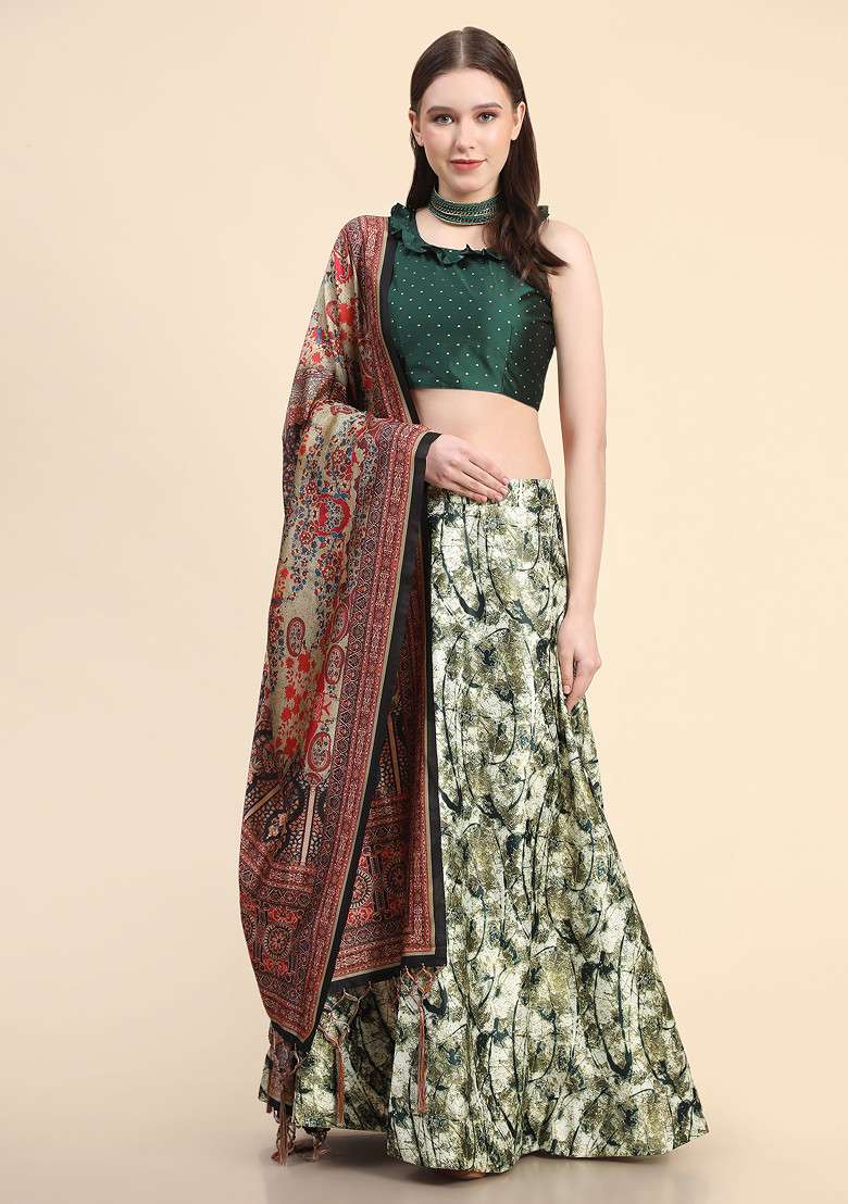 Green Printed Silk Blend Lehenga Set for Diwali and Festive Wear - Indya