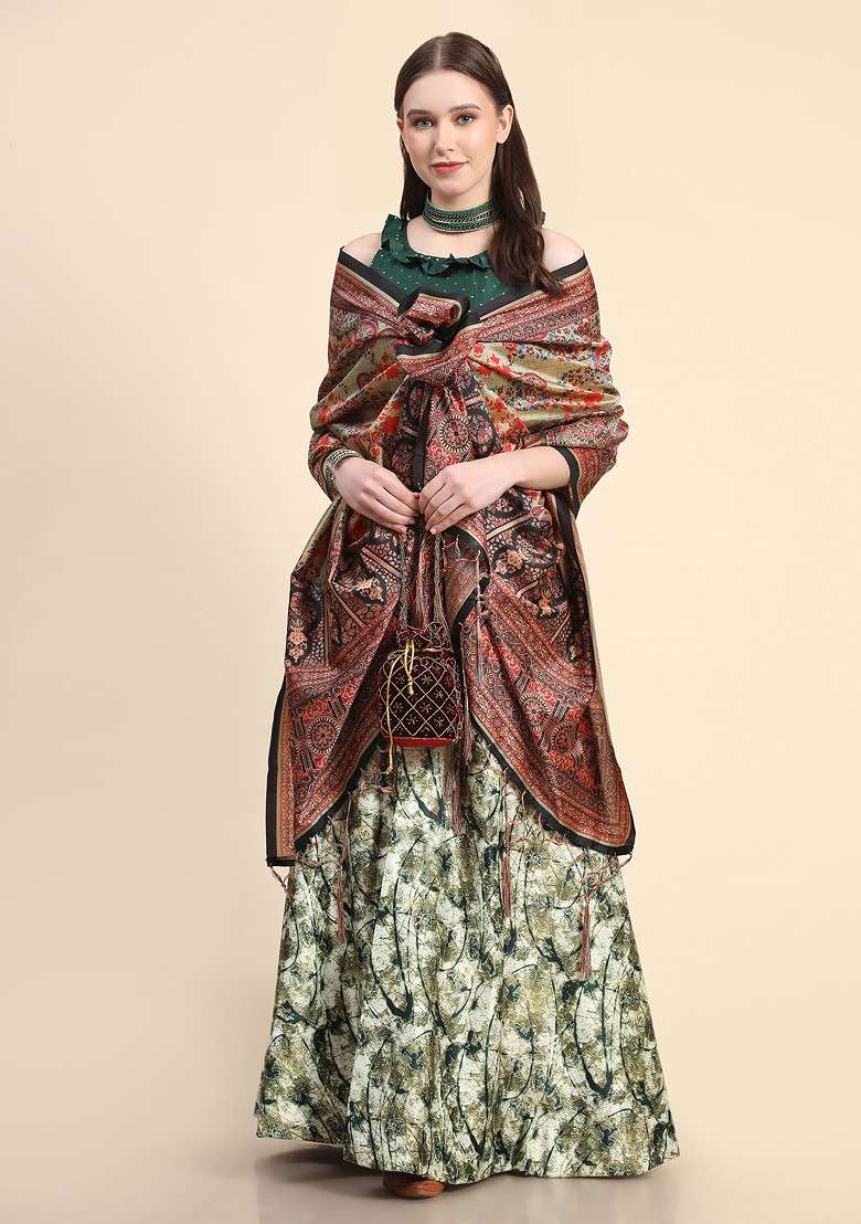 Green Printed Silk Blend Lehenga Set for Diwali and Festive Wear - Indya