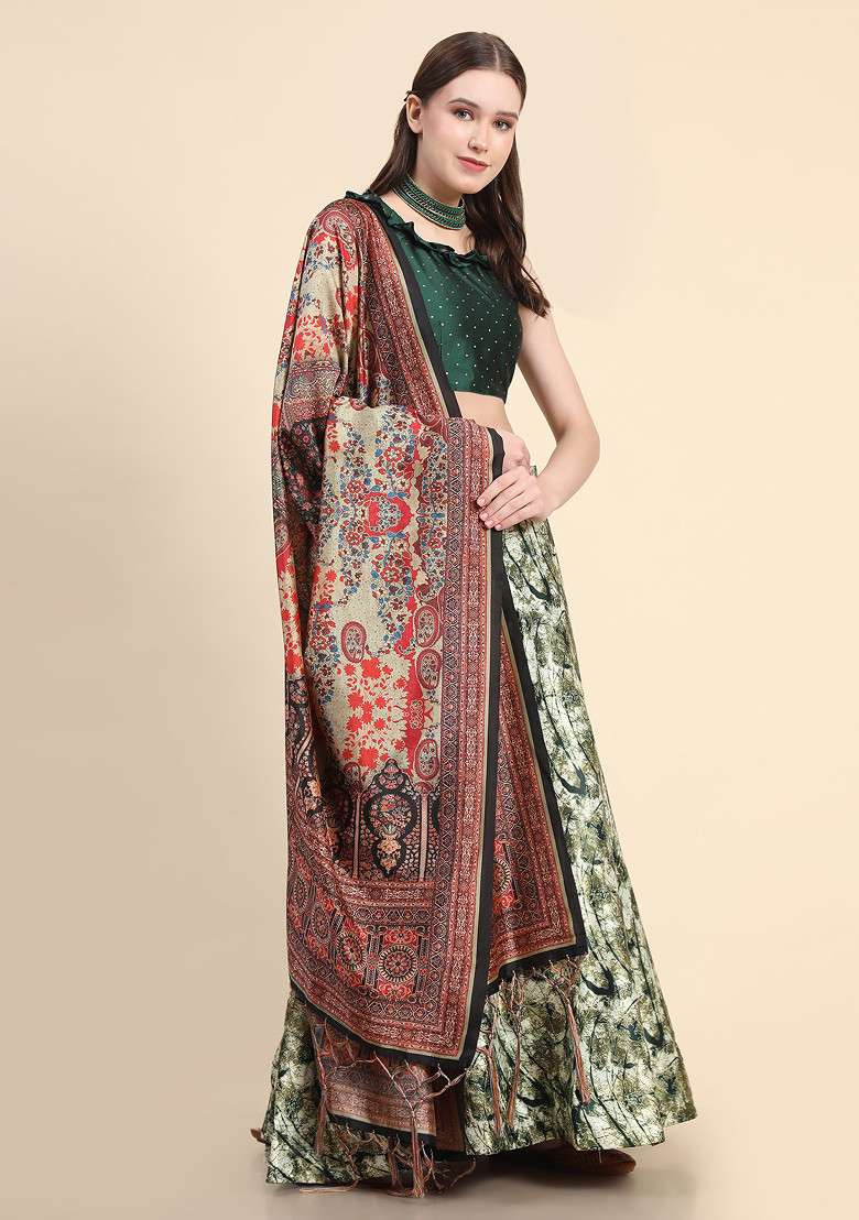 Green Printed Silk Blend Lehenga Set for Diwali and Festive Wear - Indya