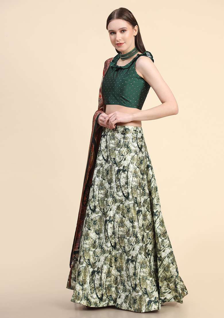 Green Printed Silk Blend Lehenga Set for Diwali and Festive Wear - Indya