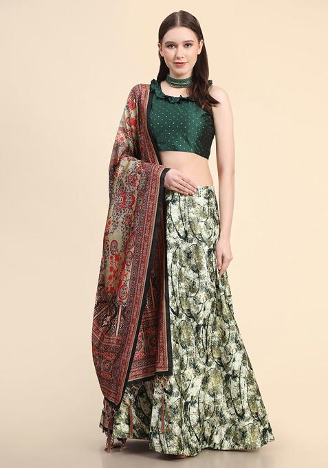 Green Printed Silk Lehenga Set