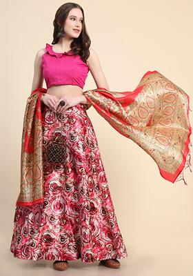 Rosy Pink Printed Satin Lehenga Set