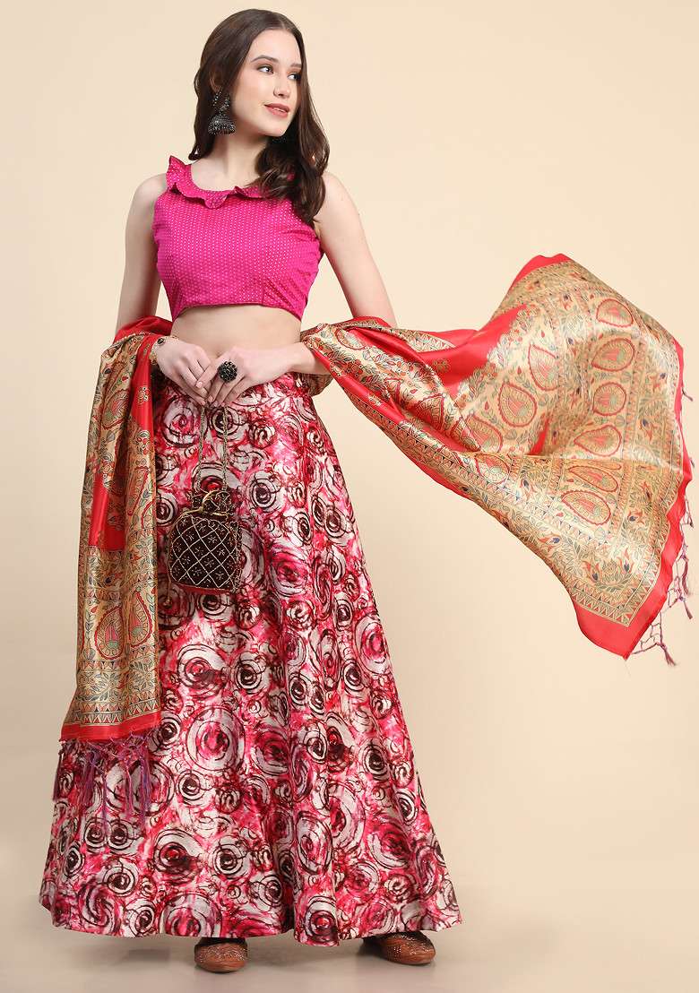 Rosy Pink Satin Lehenga Set with Printed for Diwali | Wedding & Festive Wear - Indya