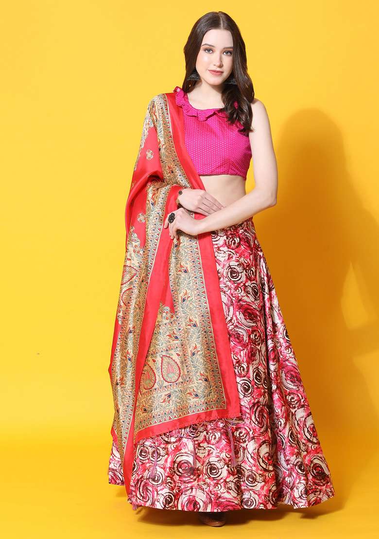 Rosy Pink Satin Lehenga Set with Printed for Diwali | Wedding & Festive Wear - Indya