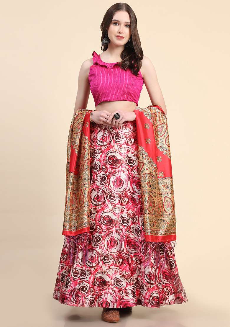 Rosy Pink Satin Lehenga Set with Printed for Diwali | Wedding & Festive Wear - Indya