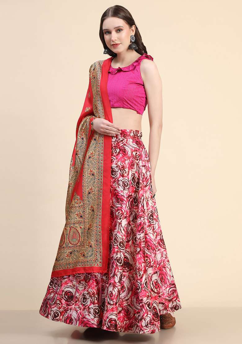 Rosy Pink Satin Lehenga Set with Printed for Diwali | Wedding & Festive Wear - Indya