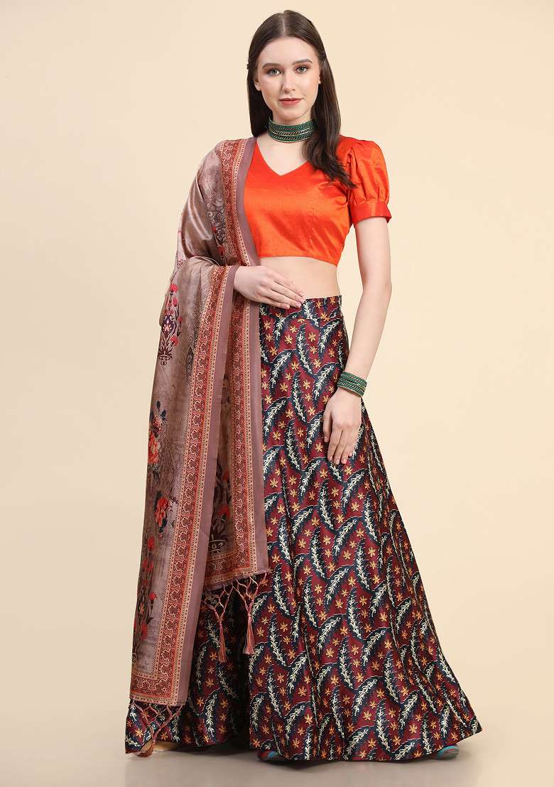 Orange Silk Blend Lehenga Set with Digital Print for Diwali | Wedding & Festive Wear - Indya