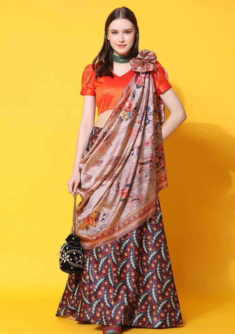 Orange Silk Blend Lehenga Set with Digital Print for Diwali | Wedding & Festive Wear - Indya