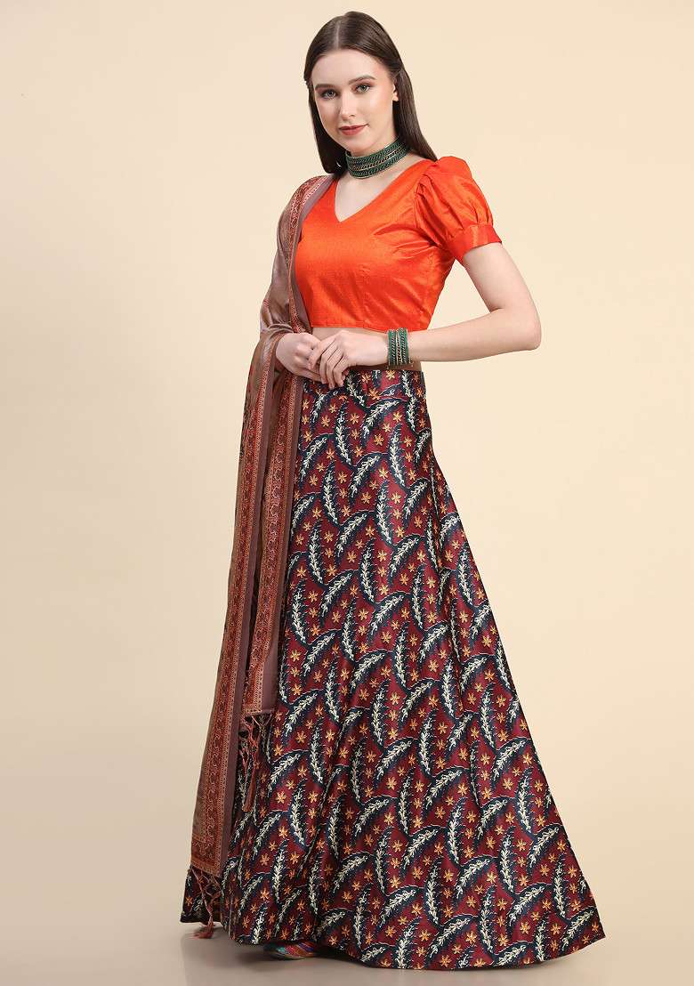 Orange Silk Blend Lehenga Set with Digital Print for Diwali | Wedding & Festive Wear - Indya