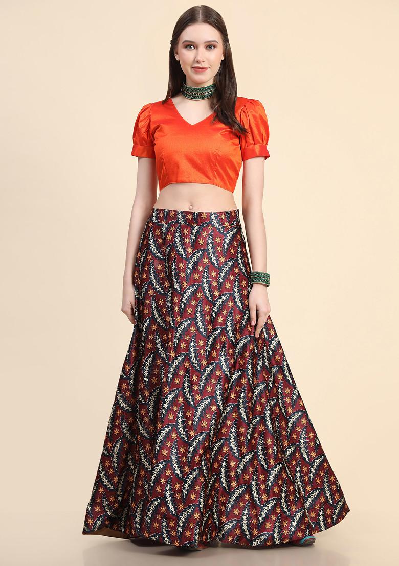 Orange Digital Print Silk Lehenga Set - Indya