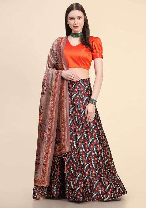 Orange Digital Print Silk Lehenga Set