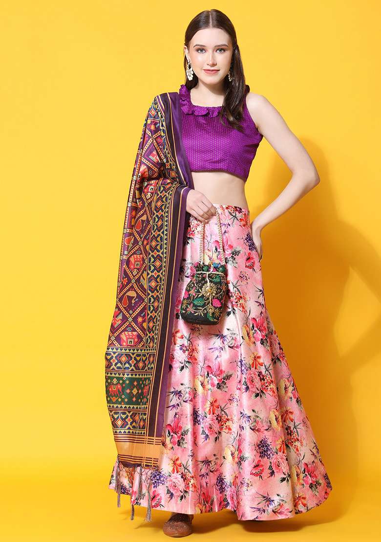 Violet Digital Print Silk Blend Lehenga Set for Diwali and Festive Wear - Indya