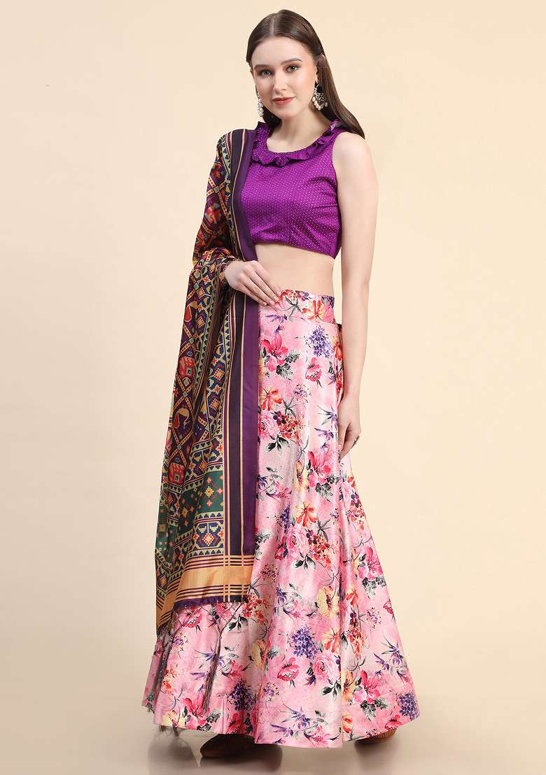 Violet Digital Print Silk Blend Lehenga Set for Diwali and Festive Wear - Indya