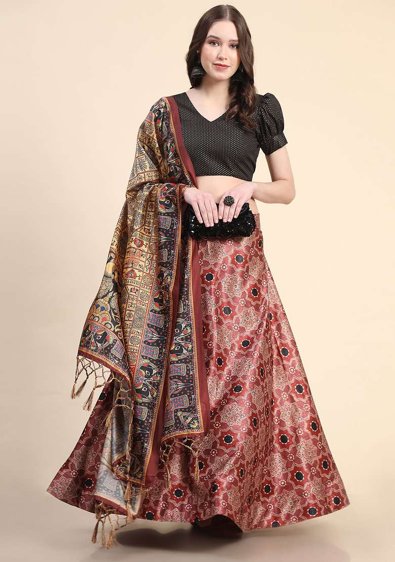 Black Digital Print Silk Blend Lehenga Set for Diwali and Festive Wear - Indya