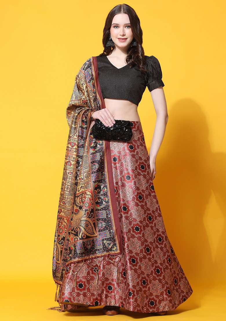 Black Digital Print Silk Blend Lehenga Set for Diwali and Festive Wear - Indya
