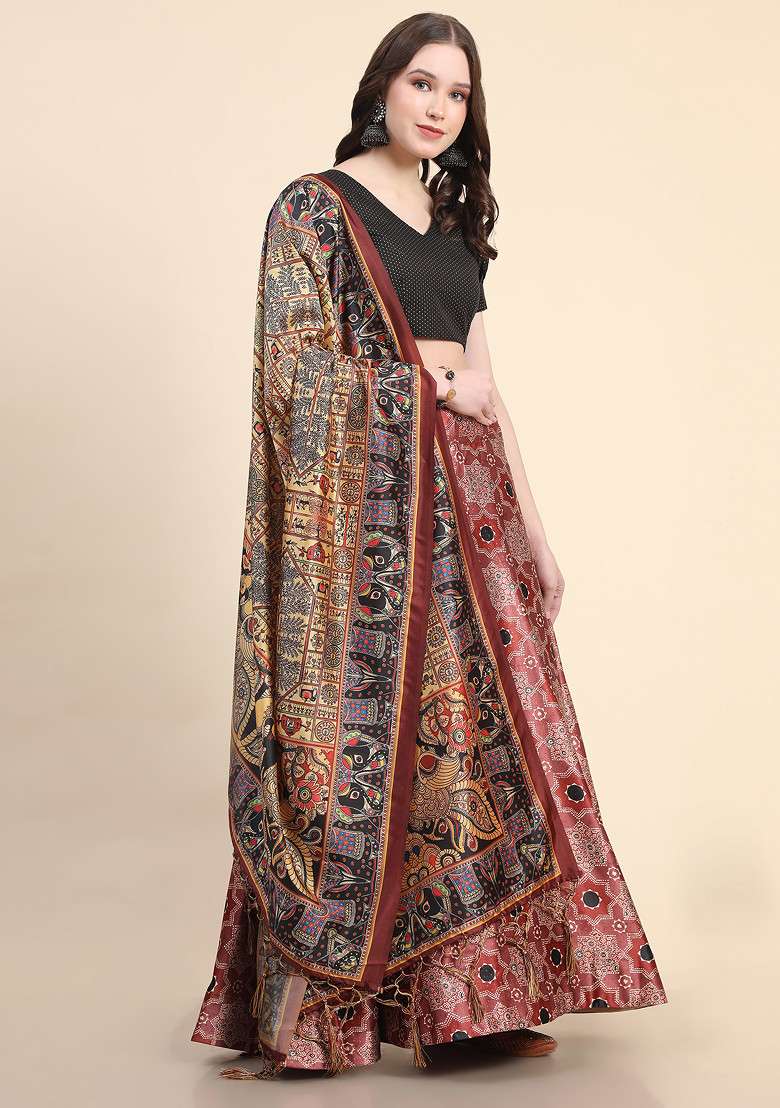 Black Digital Print Silk Blend Lehenga Set for Diwali and Festive Wear - Indya