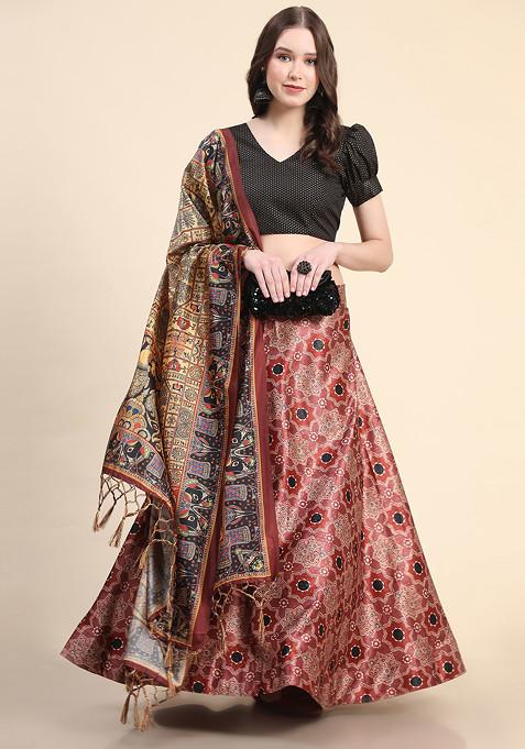 Black Digital Print Silk Lehenga Set