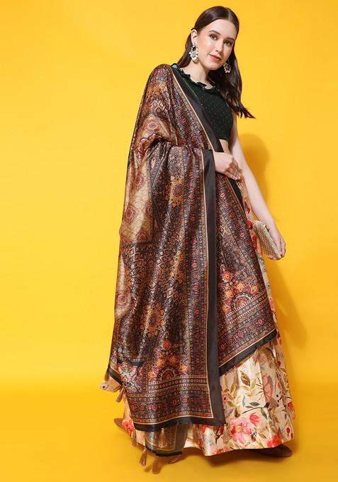 Green Digital Print Silk Lehenga Set