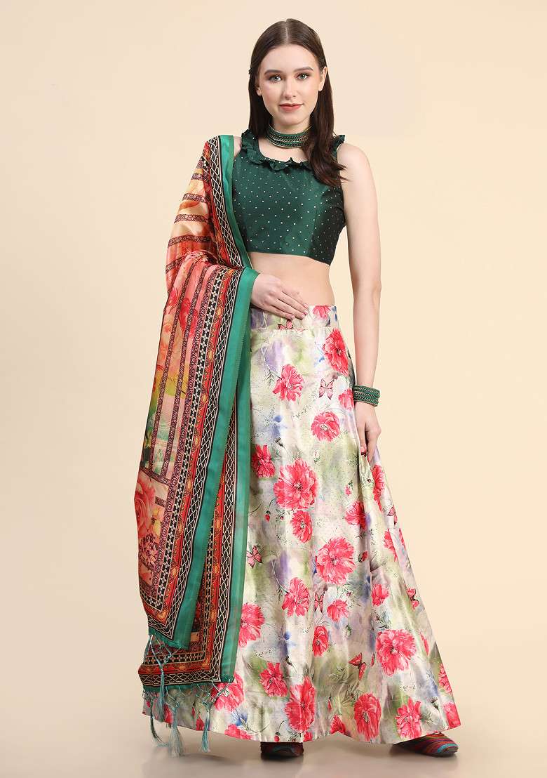 Green Printed Silk Blend Lehenga Set for Diwali and Festive Wear - Indya