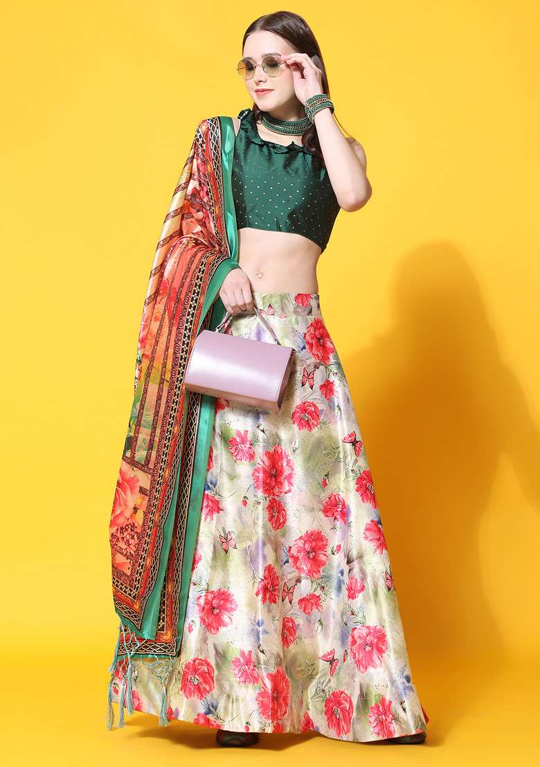 Green Printed Silk Blend Lehenga Set for Diwali and Festive Wear - Indya