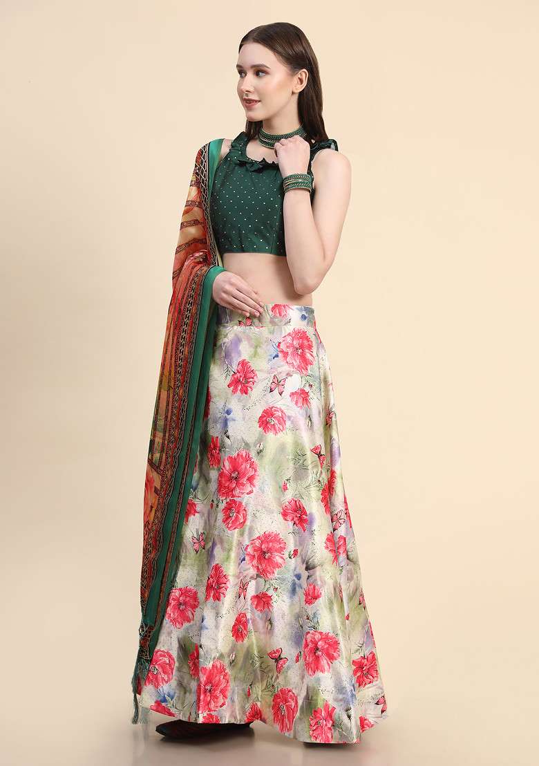 Green Printed Silk Blend Lehenga Set for Diwali and Festive Wear - Indya
