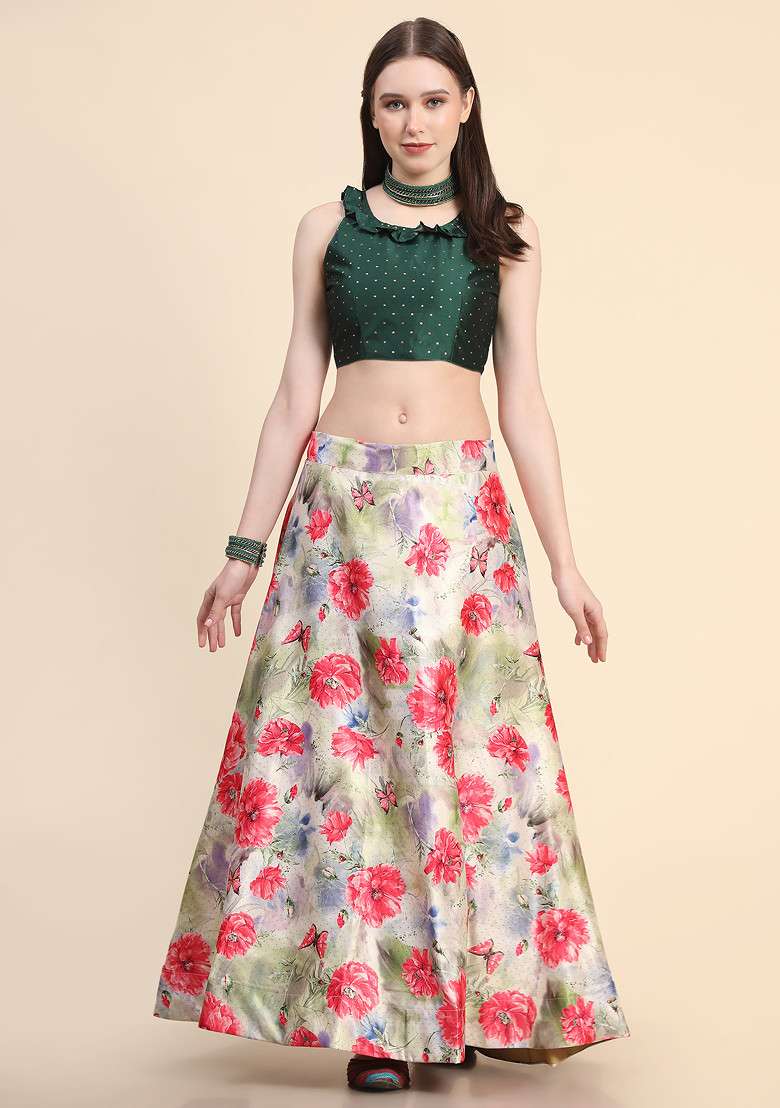 Green Printed Silk Blend Lehenga Set for Diwali and Festive Wear - Indya