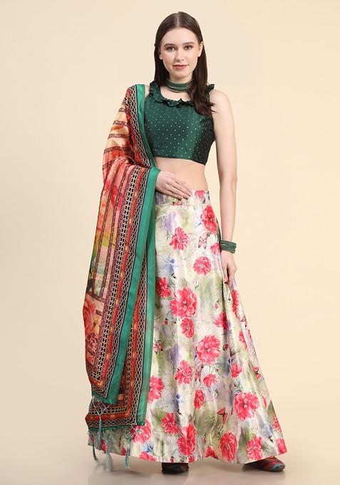 Green Printed Silk Lehenga Set