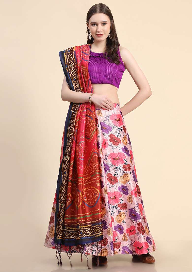 Violet Blend Satin Silk Lehenga Set with Digital Print for Diwali | Wedding & Festive Wear - Indya