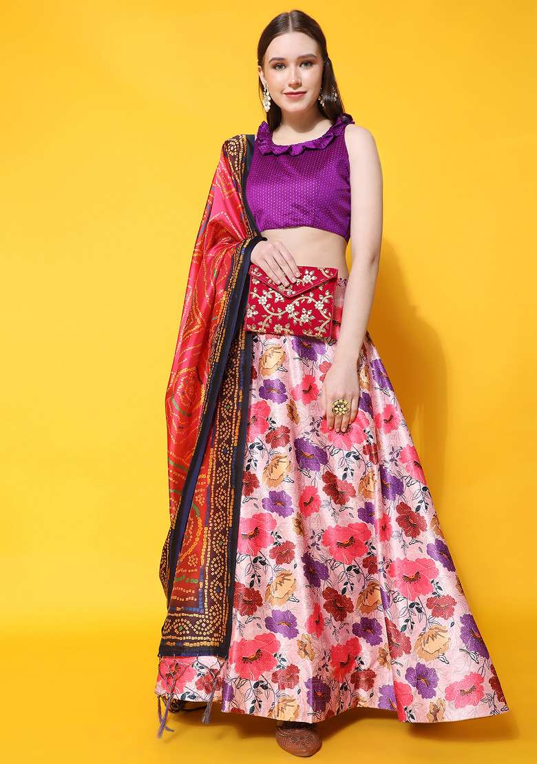 Violet Blend Satin Silk Lehenga Set with Digital Print for Diwali | Wedding & Festive Wear - Indya