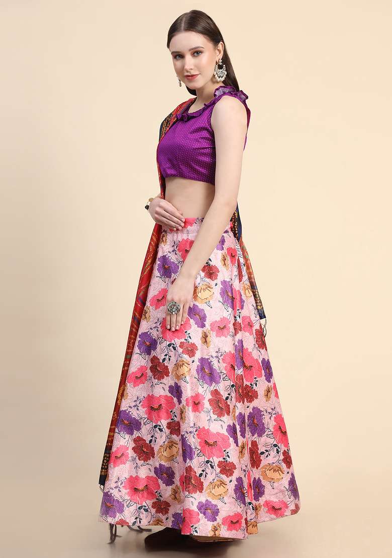 Violet Blend Satin Silk Lehenga Set with Digital Print for Diwali | Wedding & Festive Wear - Indya
