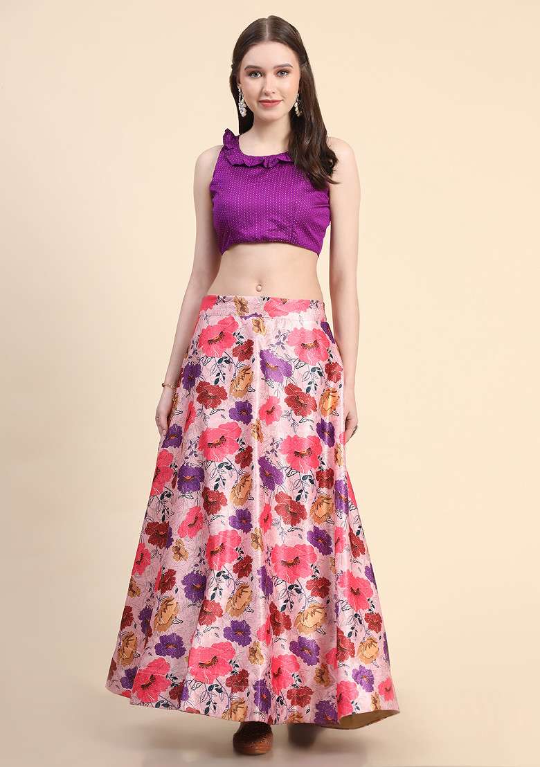 Violet Blend Satin Silk Lehenga Set with Digital Print for Diwali | Wedding & Festive Wear - Indya