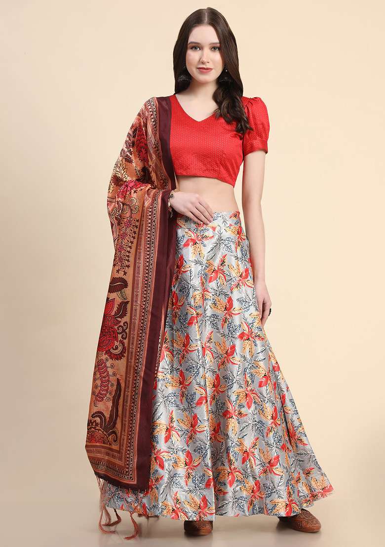 Orange Digital Print Satin Silk Blend Lehenga Set for Diwali and Festive Wear - Indya