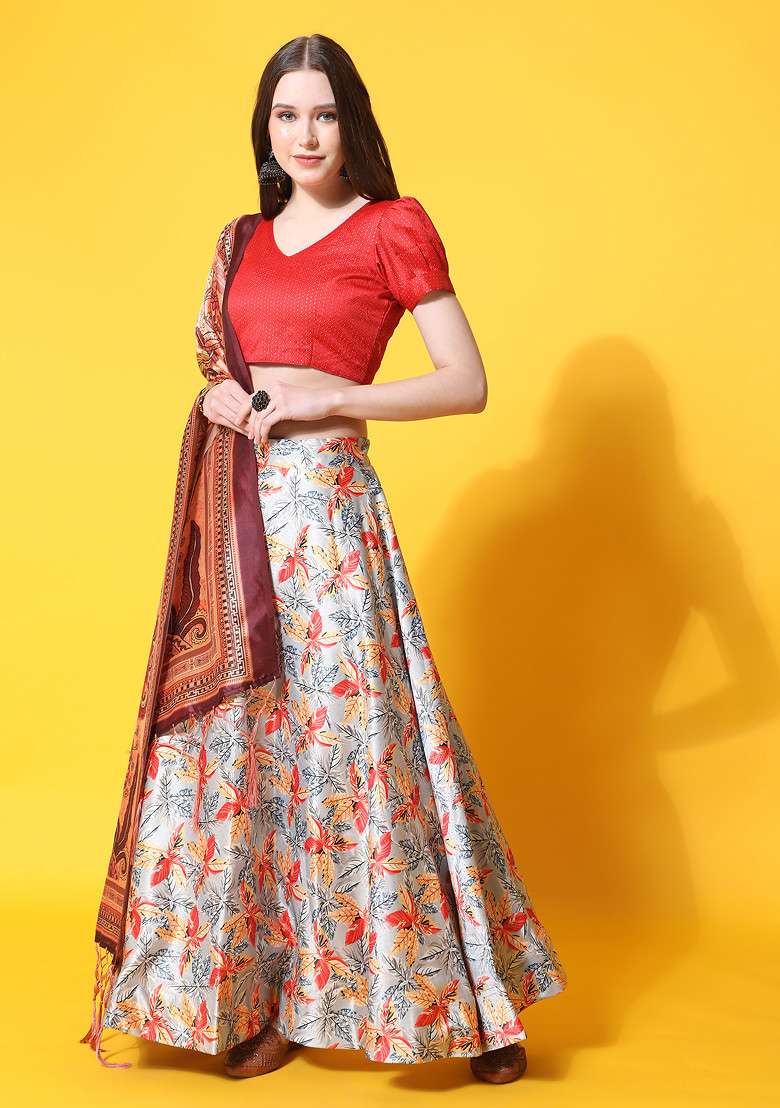 Orange Digital Print Satin Silk Blend Lehenga Set for Diwali and Festive Wear - Indya