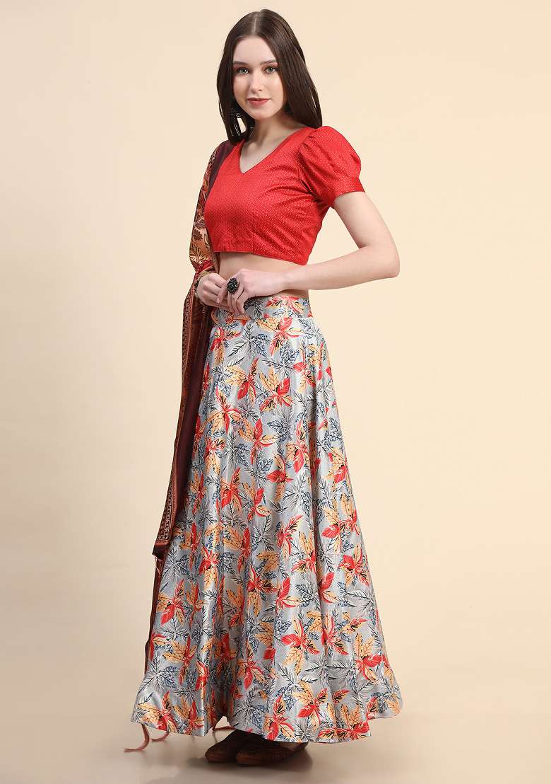 Orange Digital Print Satin Silk Blend Lehenga Set for Diwali and Festive Wear - Indya