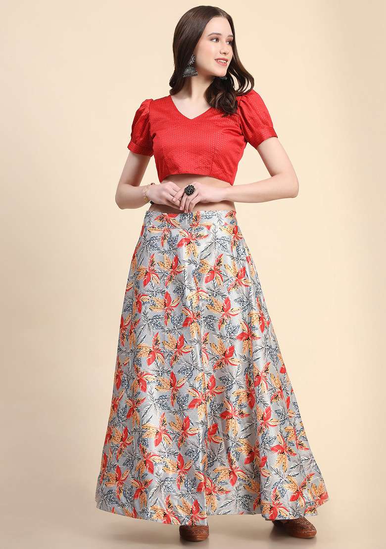 Orange Digital Print Satin Silk Blend Lehenga Set for Diwali and Festive Wear - Indya