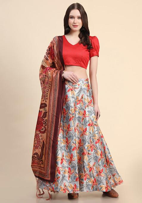 Orange Digital Print Satin Silk Lehenga Set