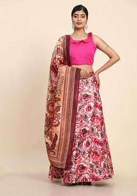 Rosy Pink Digital Print Satin Lehenga Set