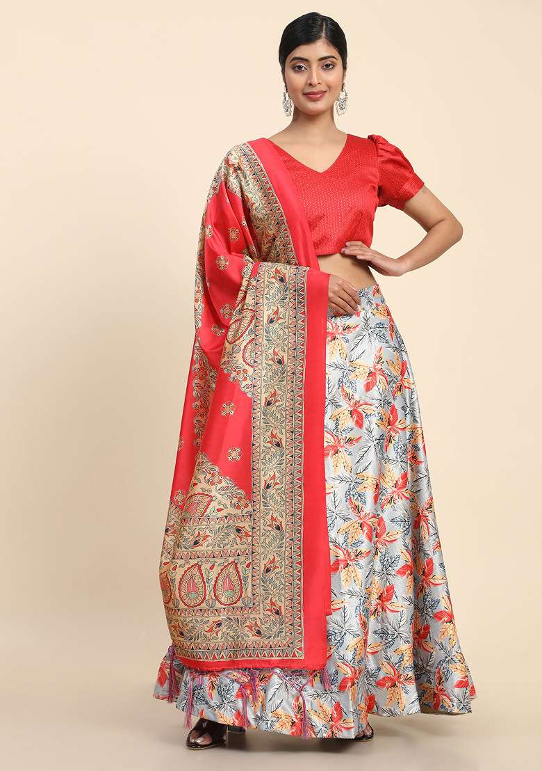Orange Blend Satin Silk Lehenga Set with Printed for Diwali | Wedding & Festive Wear - Indya