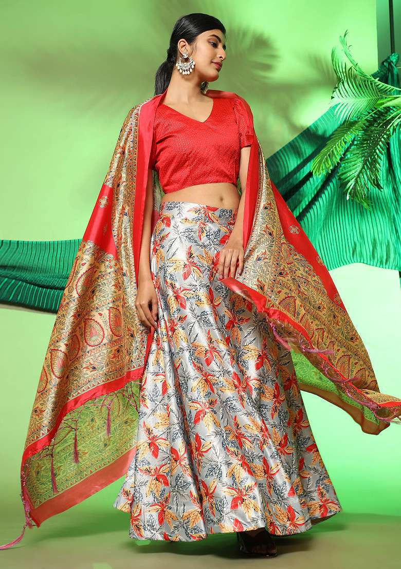 Orange Blend Satin Silk Lehenga Set with Printed for Diwali | Wedding & Festive Wear - Indya