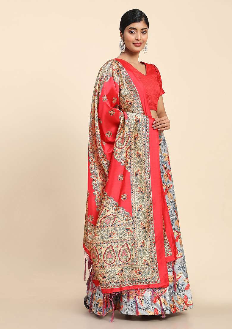 Orange Blend Satin Silk Lehenga Set with Printed for Diwali | Wedding & Festive Wear - Indya