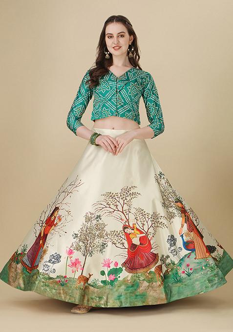 Green Digital Print Lehenga Set