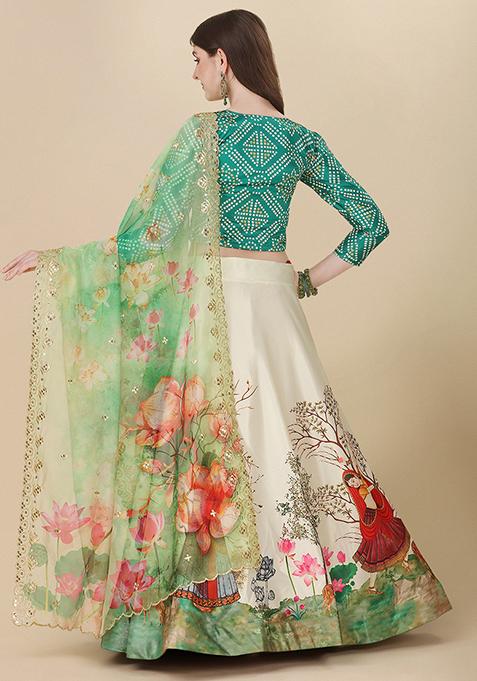 Green Digital Print Lehenga Set
