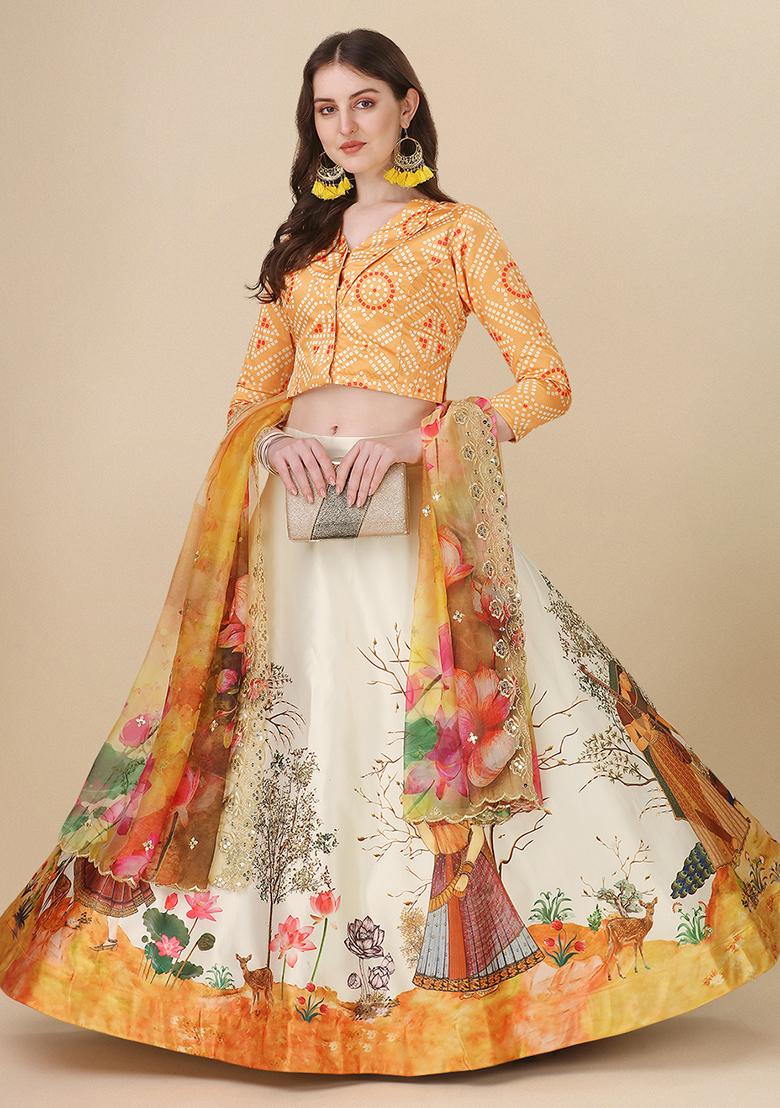 Yellow Printed Silk Lehenga Set