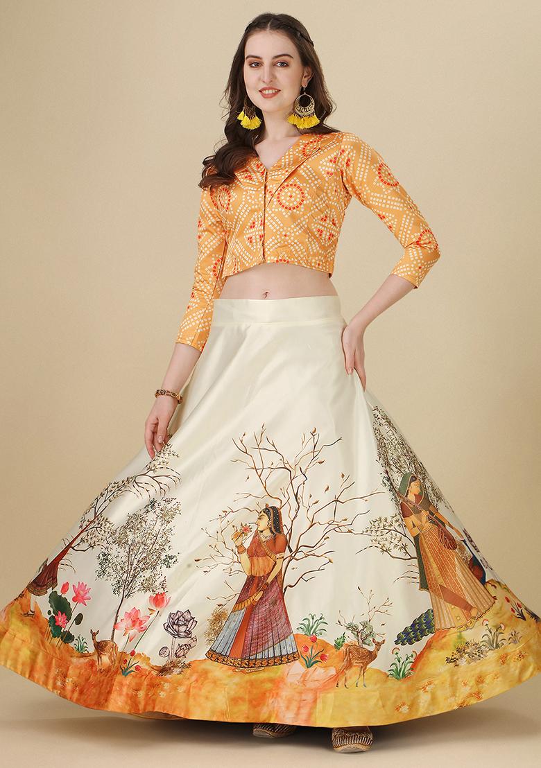 Yellow Printed Silk Lehenga Set