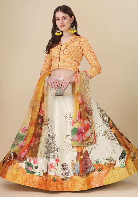 Yellow Printed Silk Lehenga Set