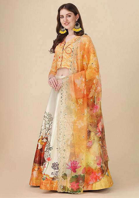 Yellow Printed Silk Lehenga Set