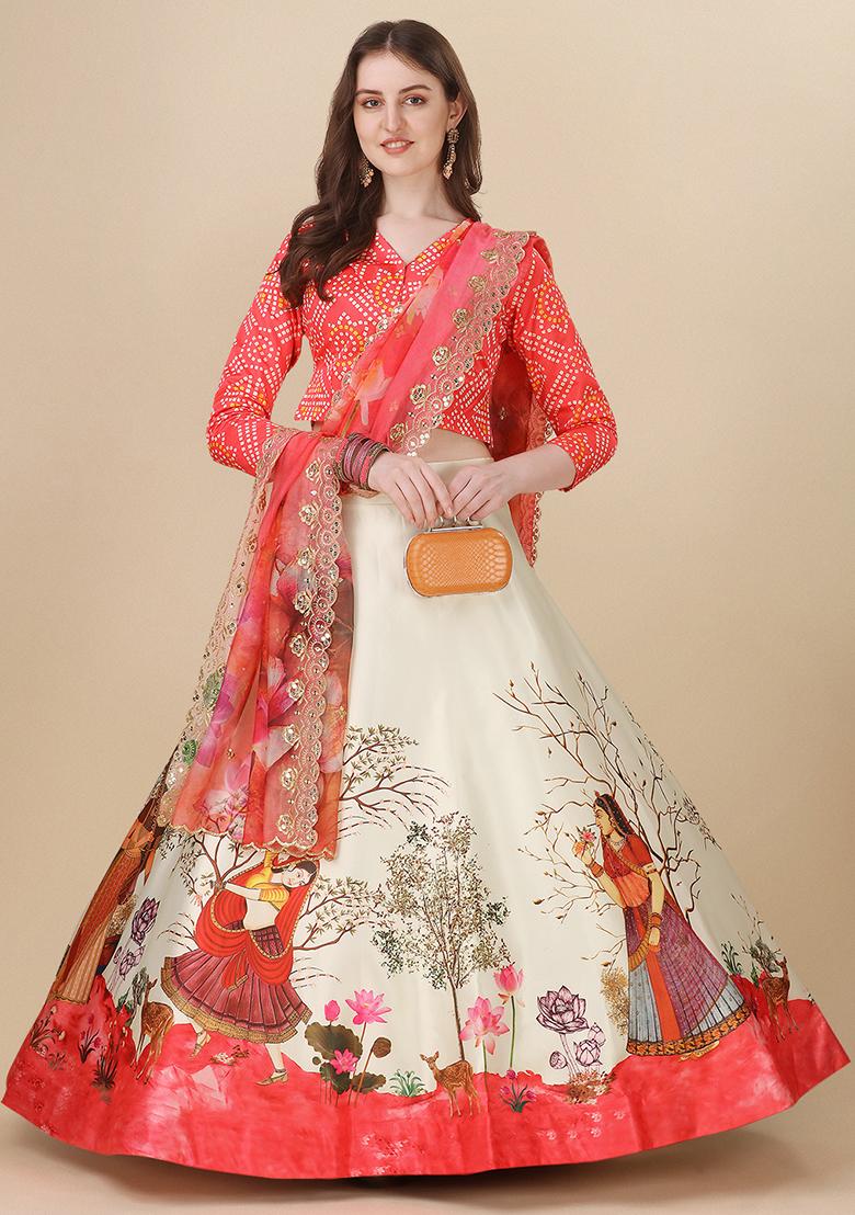 Red Printed Georgette Lehenga Set