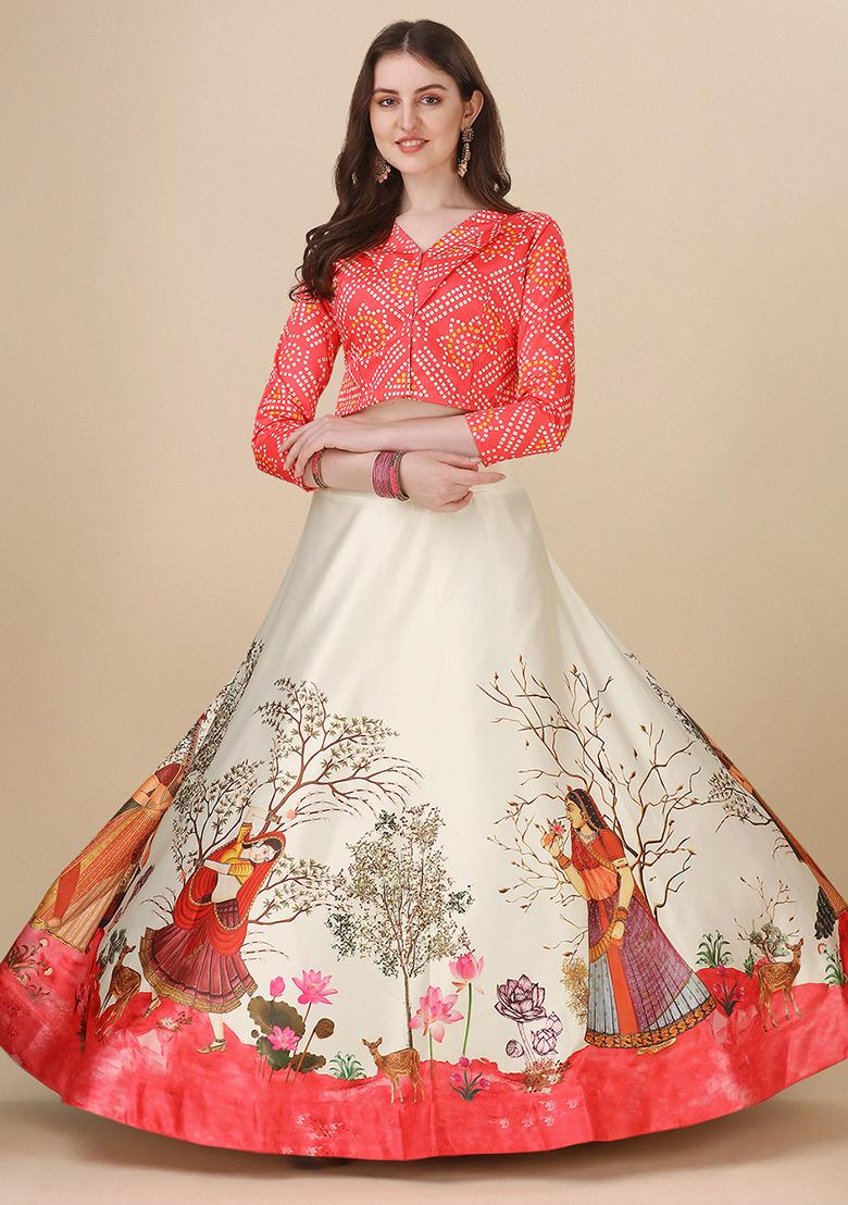 Red Printed Georgette Lehenga Set