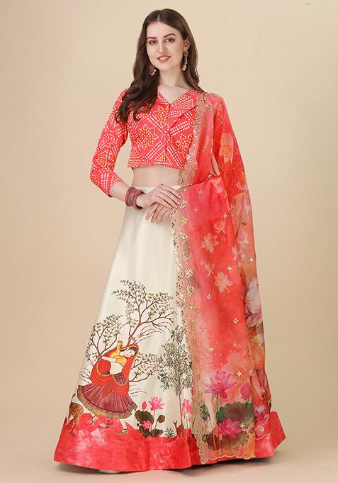 Red Printed Georgette Lehenga Set