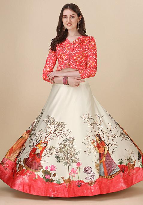 Red Printed Georgette Lehenga Set